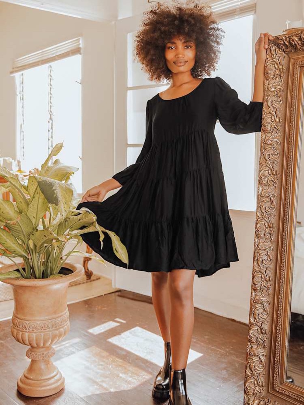 Lulus So Blissful Black Tiered Three-Quarter Sleeve Babydoll Dress